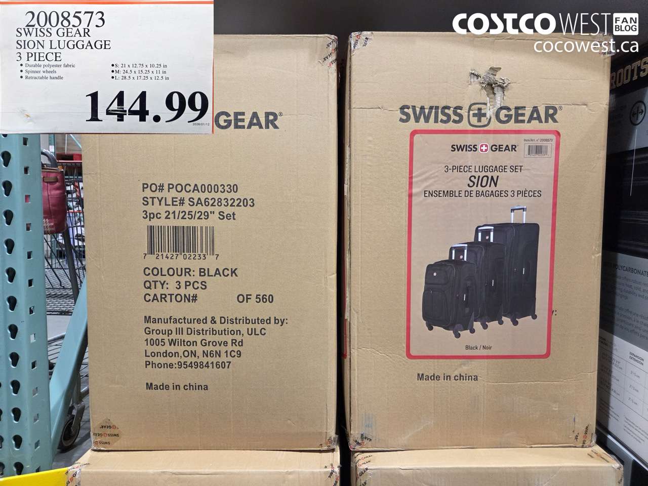 2008573 SWISS GEAR SION LUGGAGE 3 PIECE $144.99