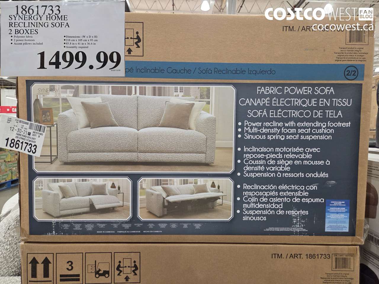 1861733 SYNERGY HOME RECLINING SOFA 2 BOXES $1499.99