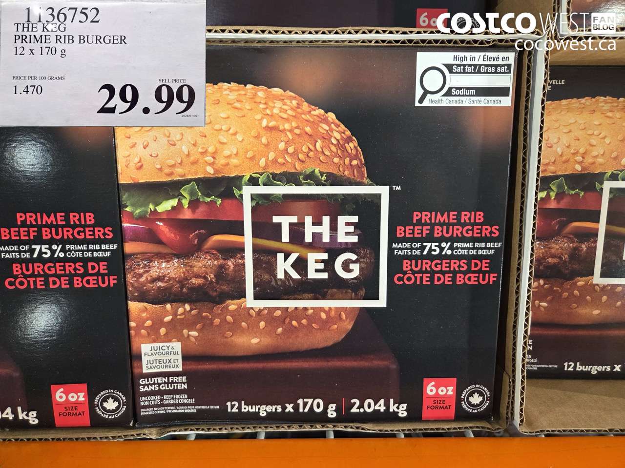 1136752 THE KEG PRIME RIB BURGER 12 X 170G $29.99