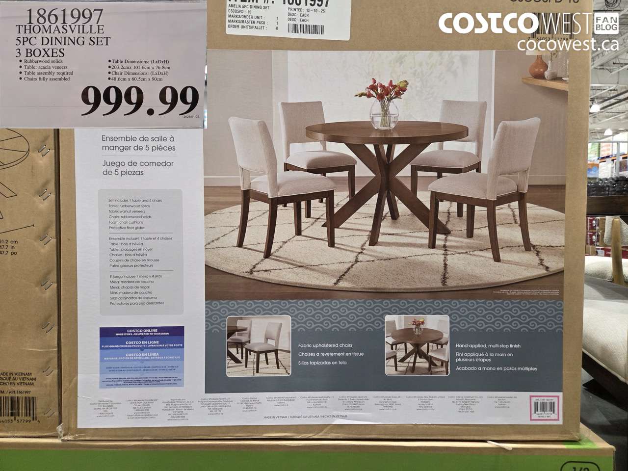 1861997 THOMASVILLE 5PC DINING SET 3 BOXES $999.99