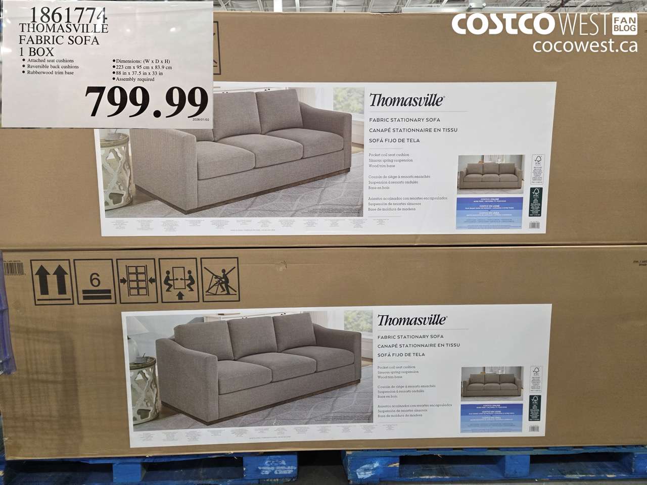 1861774 THOMASVILLE FABRIC SOFA 1 BOX $799.99