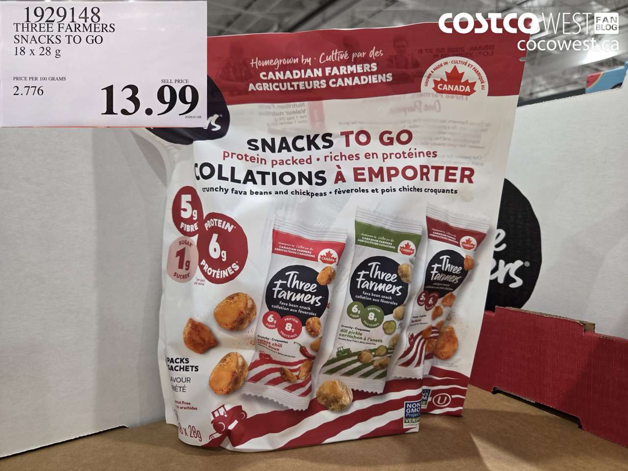 1929148 THREE FARMERS PROTEIN SNACK PACKS 18 X 27G $13.99