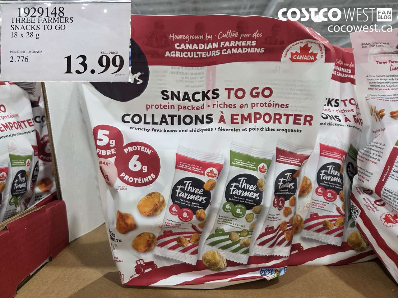 1929148 THREE FARMERS PROTEIN SNACK PACKS 18 X 27G $13.99