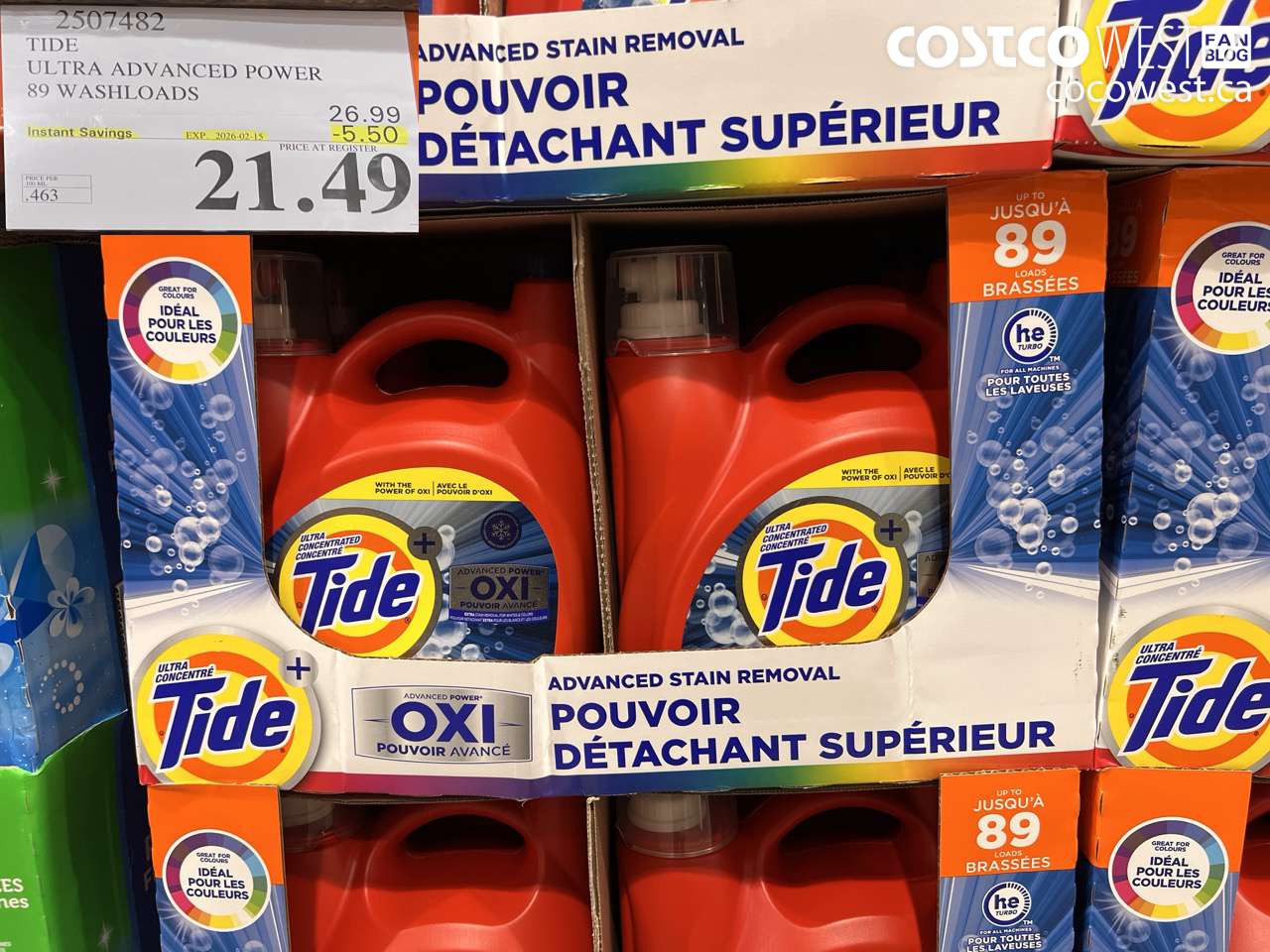 2507482 TIDE ADVANCED POWER LIQUID DETERGENT 4.64 L 89 WASHLOADS ($5.50 INSTANT SAVINGS EXPIRES ON 2026-02-15) $21.49