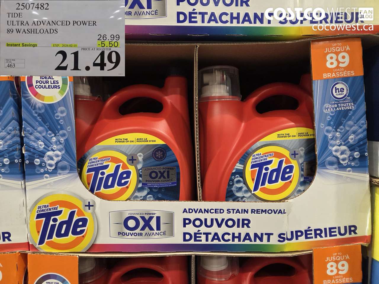 2507482 TIDE ADVANCED POWER LIQUID DETERGENT 4.64 L 89 WASHLOADS ($5.50 INSTANT SAVINGS EXPIRES ON 2026-02-15) $21.49