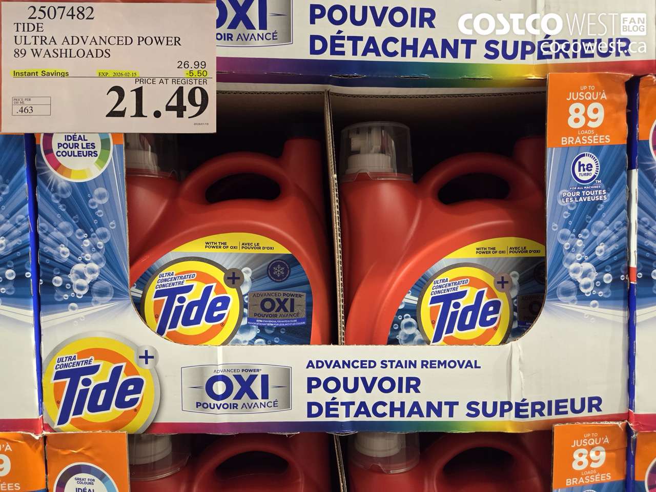 2507482 TIDE ADVANCED POWER LIQUID DETERGENT 4.64 L 89 WASHLOADS ($5.50 INSTANT SAVINGS EXPIRES ON 2026-02-15) $21.49