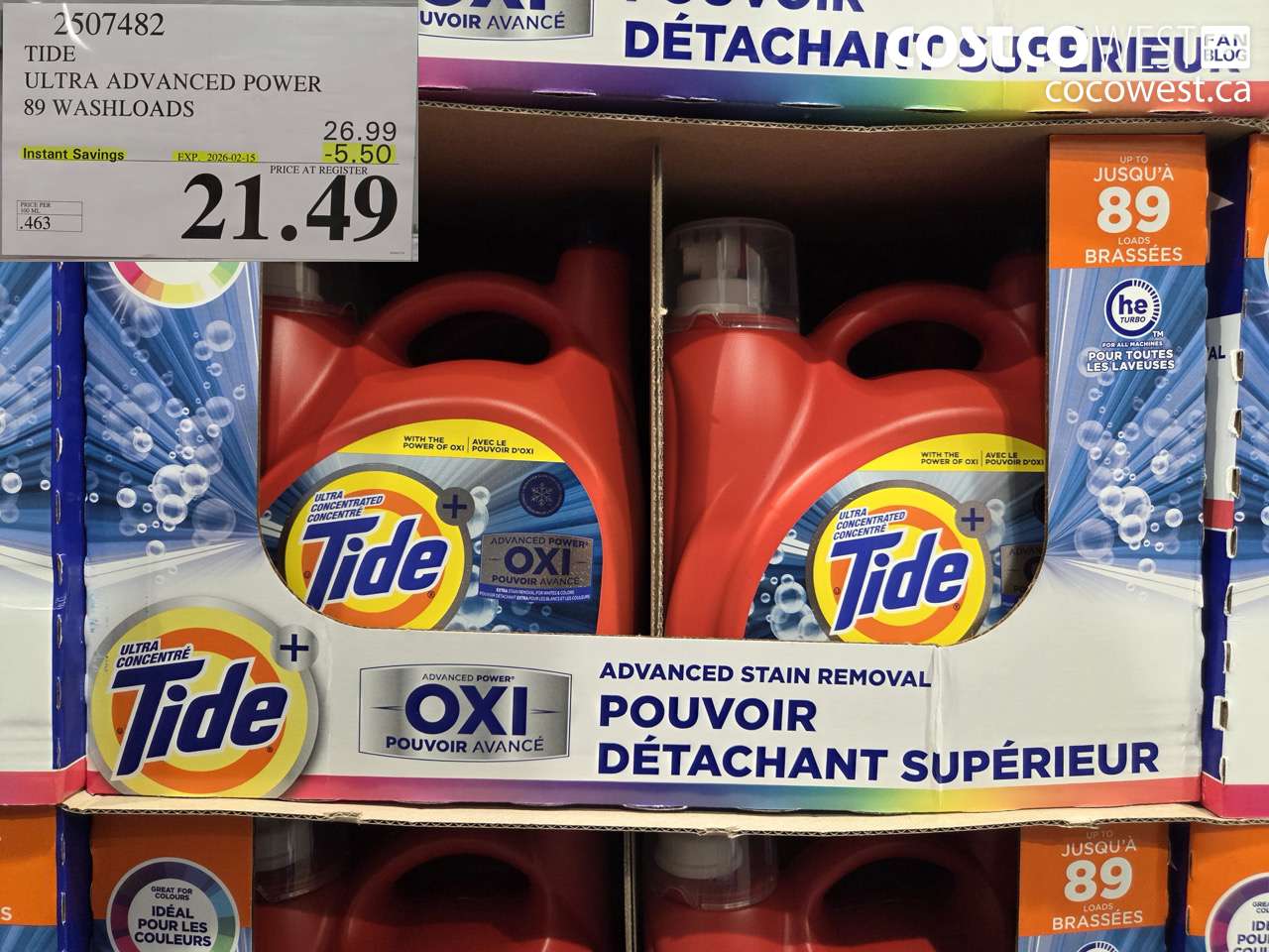 2507482 TIDE ADVANCED POWER LIQUID DETERGENT 4.64 L 89 WASHLOADS ($5.50 INSTANT SAVINGS EXPIRES ON 2026-02-15) $21.49