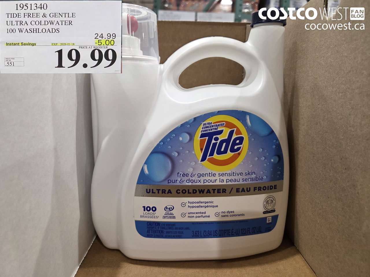 1951340 TIDE FREE & GENTLE ULTRA COLDWATER 100 WASHLOADS ($5.00 INSTANT SAVINGS EXPIRES ON 2026-01-18) $19.99