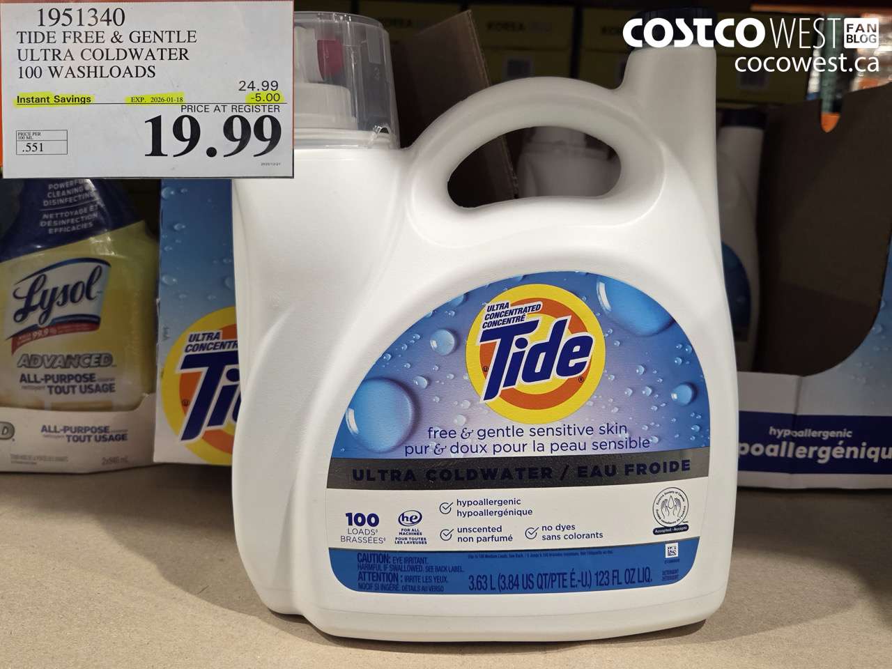 1951340 TIDE FREE & GENTLE ULTRA COLDWATER 100 WASHLOADS ($5.00 INSTANT SAVINGS EXPIRES ON 2026-01-18) $19.99