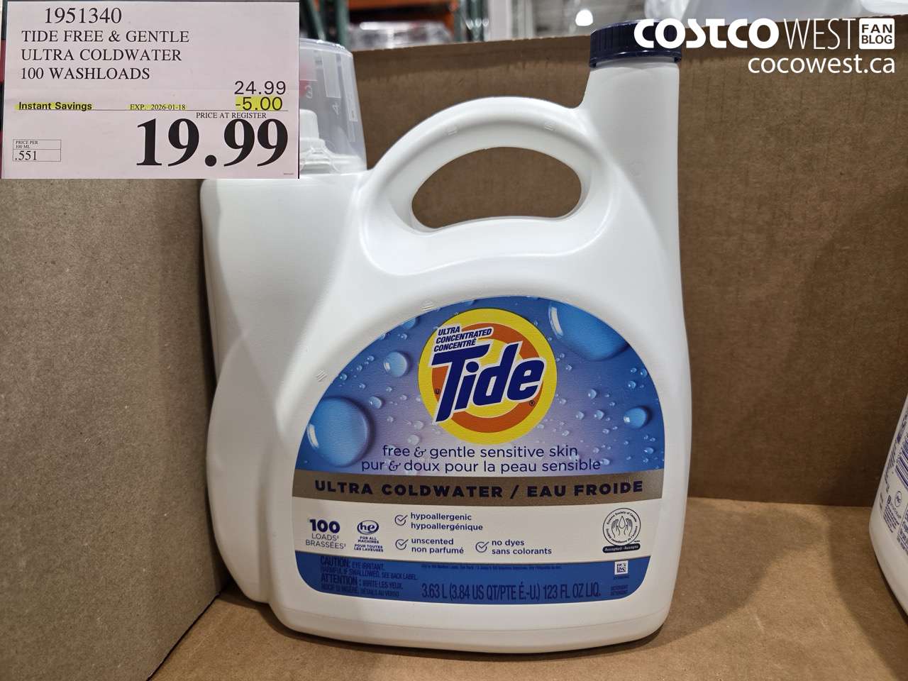 1951340 TIDE FREE & GENTLE ULTRA COLDWATER 100 WASHLOADS ($5.00 INSTANT SAVINGS EXPIRES ON 2026-01-18) $19.99