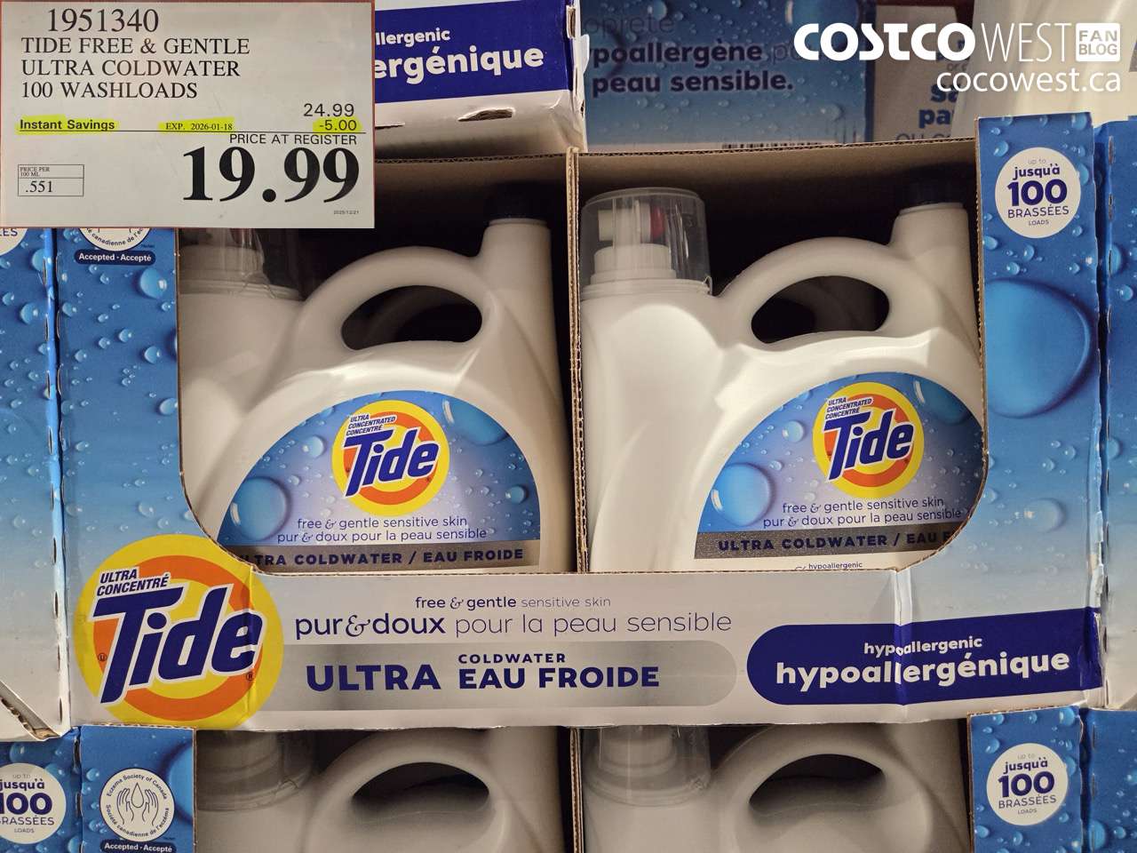 1951340 TIDE FREE & GENTLE ULTRA COLDWATER 100 WASHLOADS ($5.00 INSTANT SAVINGS EXPIRES ON 2026-01-18) $19.99
