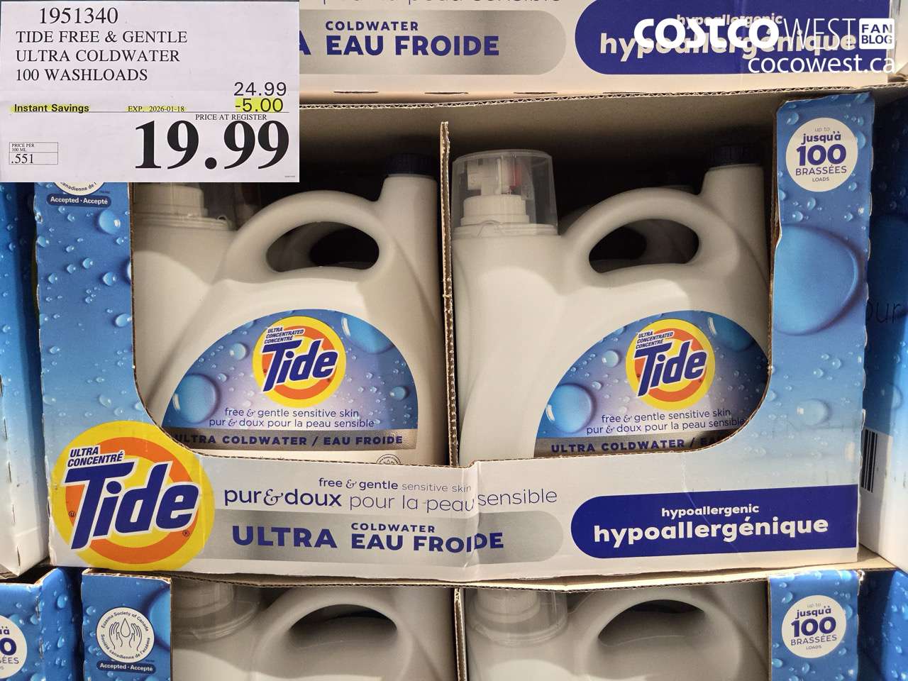 1951340 TIDE FREE & GENTLE ULTRA COLDWATER 100 WASHLOADS ($5.00 INSTANT SAVINGS EXPIRES ON 2026-01-18) $19.99