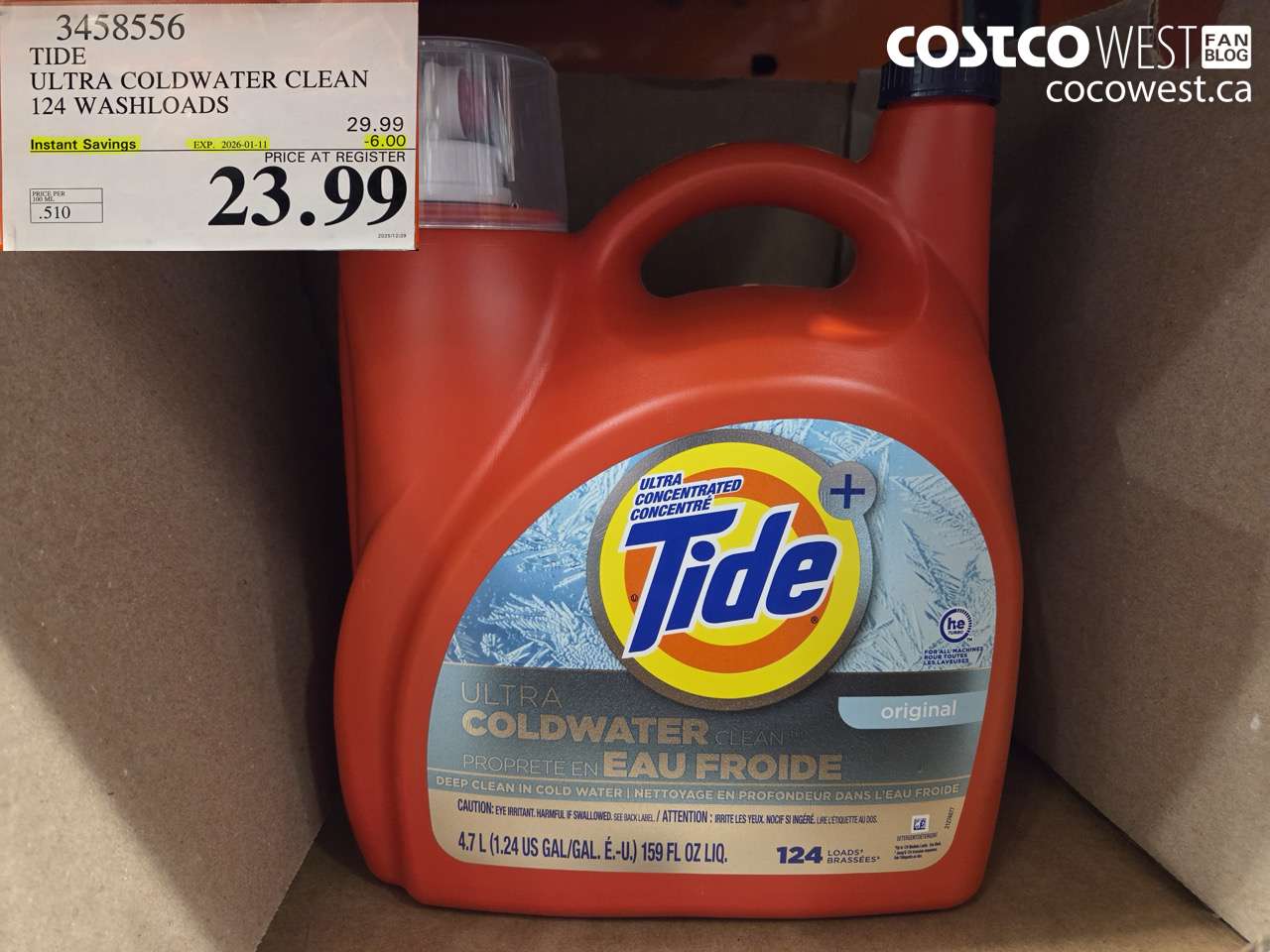 3458556 TIDE LIQUID COLDWATER HE 4.7L 124 WASHLOADS ($6.00 INSTANT SAVINGS EXPIRES ON 2026-01-11) $23.99