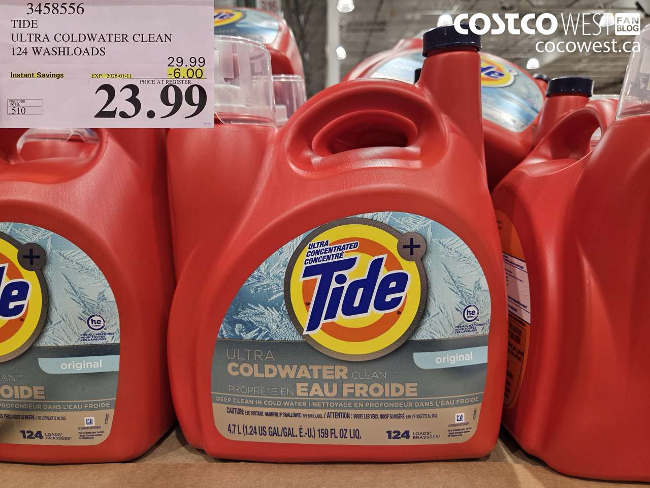 3458556 TIDE LIQUID COLDWATER HE 4.7L 124 WASHLOADS ($6.00 INSTANT SAVINGS EXPIRES ON 2026-01-11) $23.99