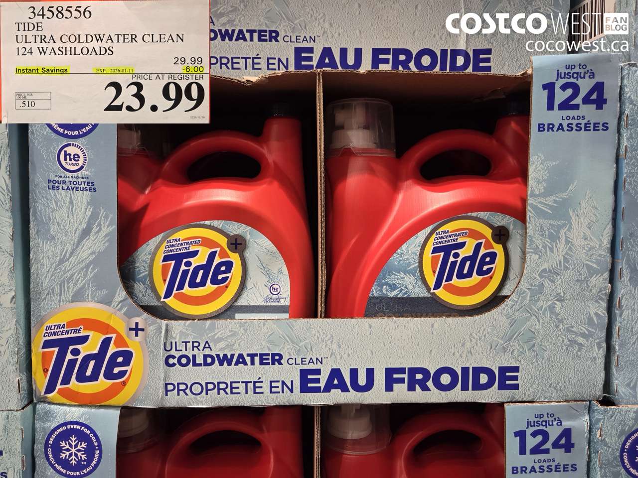 3458556 TIDE LIQUID COLDWATER HE 4.7L 124 WASHLOADS ($6.00 INSTANT SAVINGS EXPIRES ON 2026-01-11) $23.99