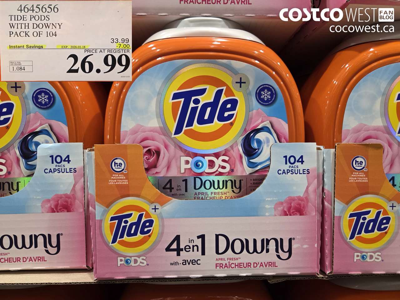 4645656 TIDE PODS WITH DOWNY PACK OF 104 ($7.00 INSTANT SAVINGS EXPIRES ON 2026-01-18) $26.99