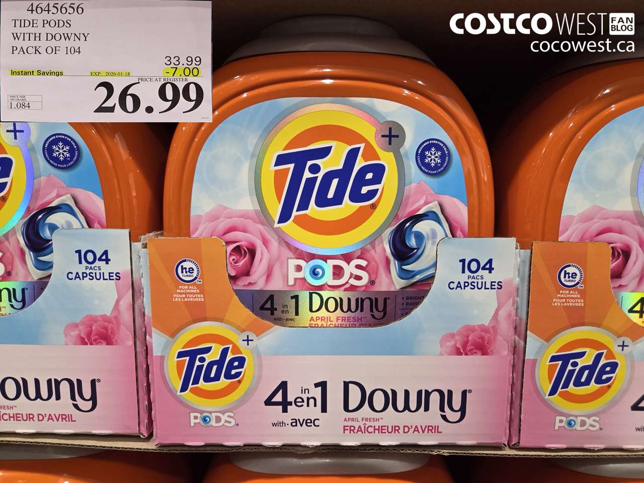 4645656 TIDE PODS WITH DOWNY PACK OF 104 ($7.00 INSTANT SAVINGS EXPIRES ON 2026-01-18) $26.99