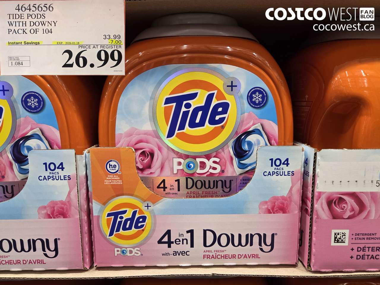 4645656 TIDE PODS WITH DOWNY PACK OF 104 ($7.00 INSTANT SAVINGS EXPIRES ON 2026-01-18) $26.99