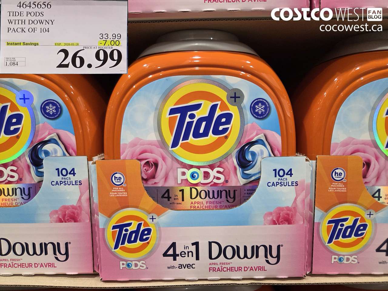 4645656 TIDE PODS WITH DOWNY PACK OF 104 ($7.00 INSTANT SAVINGS EXPIRES ON 2026-01-18) $26.99