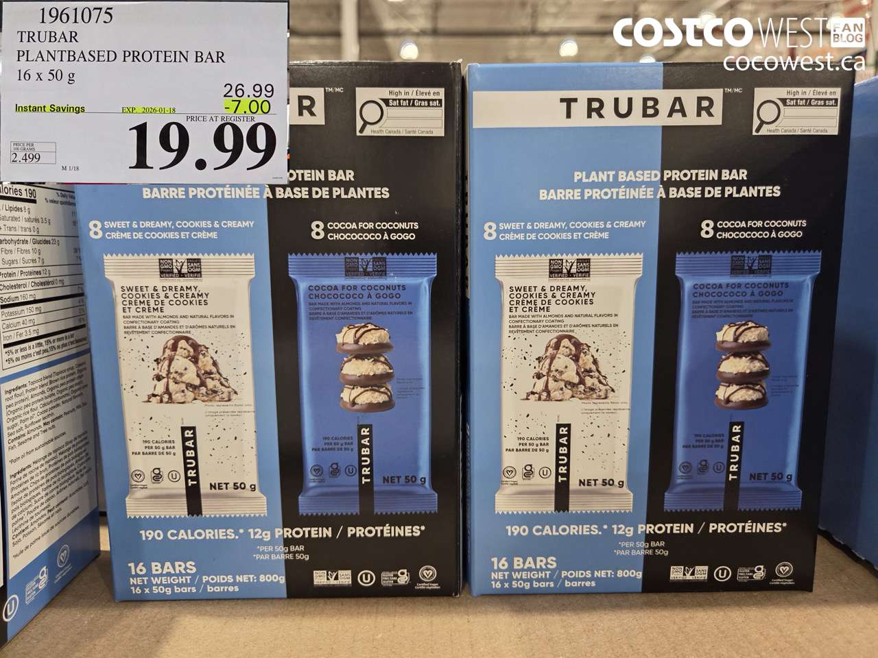 1961075 TRUBAR PLANTBASED PROTEIN BAR 16 X 50G ($7.00 INSTANT SAVINGS EXPIRES ON 2026-01-18) $19.99