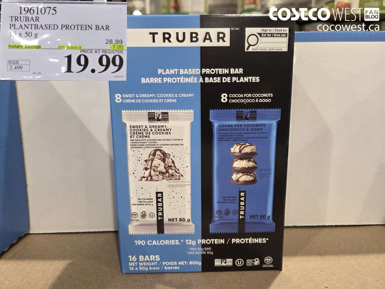 1961075 TRUBAR PLANTBASED PROTEIN BAR 16 X 50G ($7.00 INSTANT SAVINGS EXPIRES ON 2026-01-18) $19.99