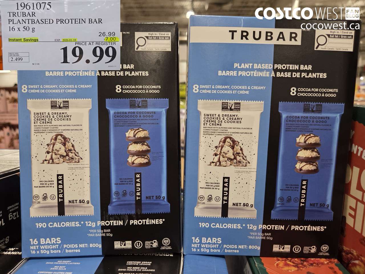 1961075 TRUBAR PLANTBASED PROTEIN BAR 16 X 50G ($7.00 INSTANT SAVINGS EXPIRES ON 2026-01-18) $19.99