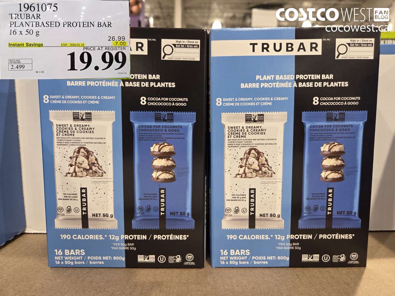 1961075 TRUBAR PLANTBASED PROTEIN BAR 16 X 50G ($7.00 INSTANT SAVINGS EXPIRES ON 2026-01-18) $19.99