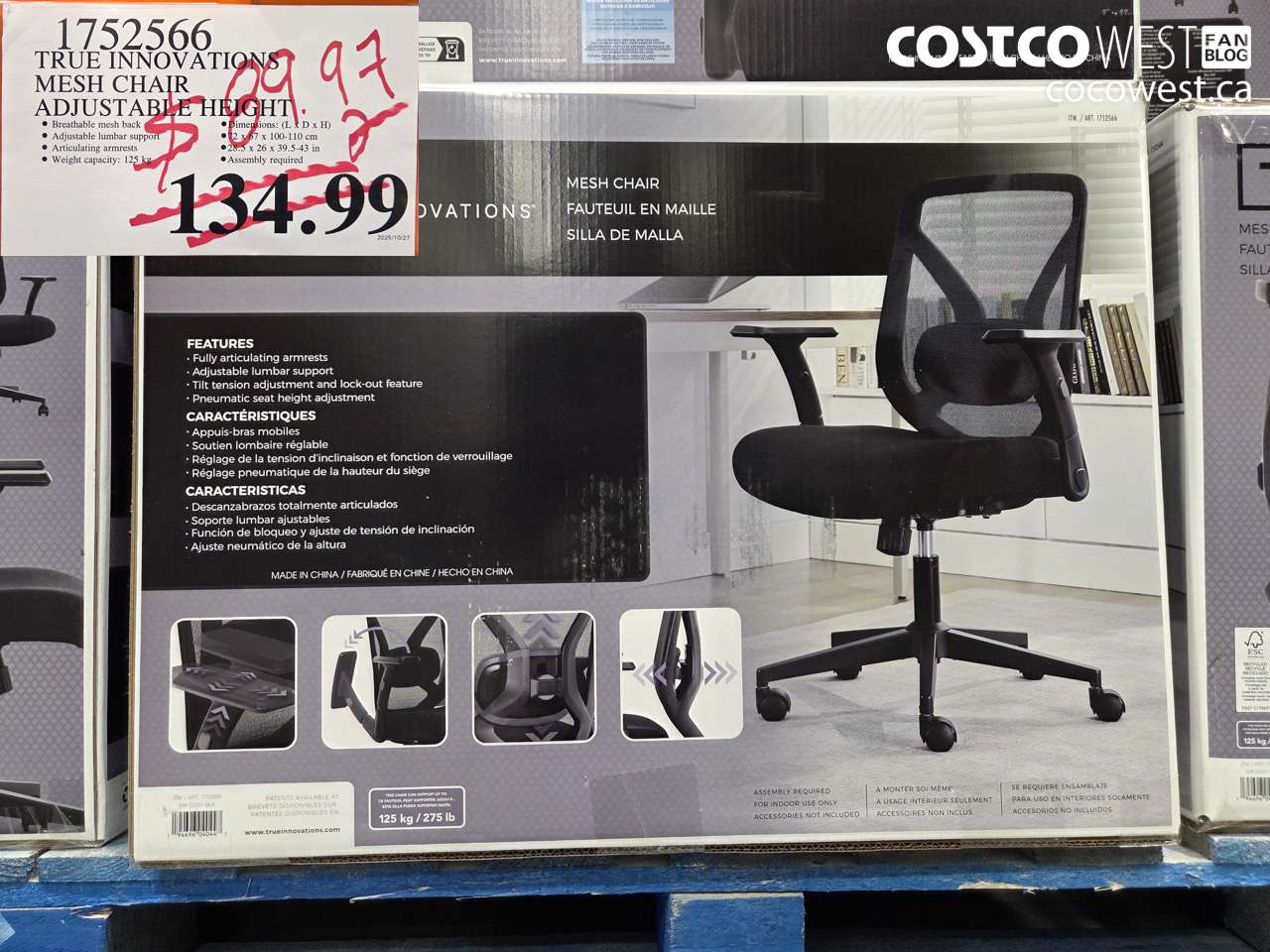 1752566 TRUE INNOVATIONS MESH CHAIR ADJUSTABLE HEIGHT $89.97
