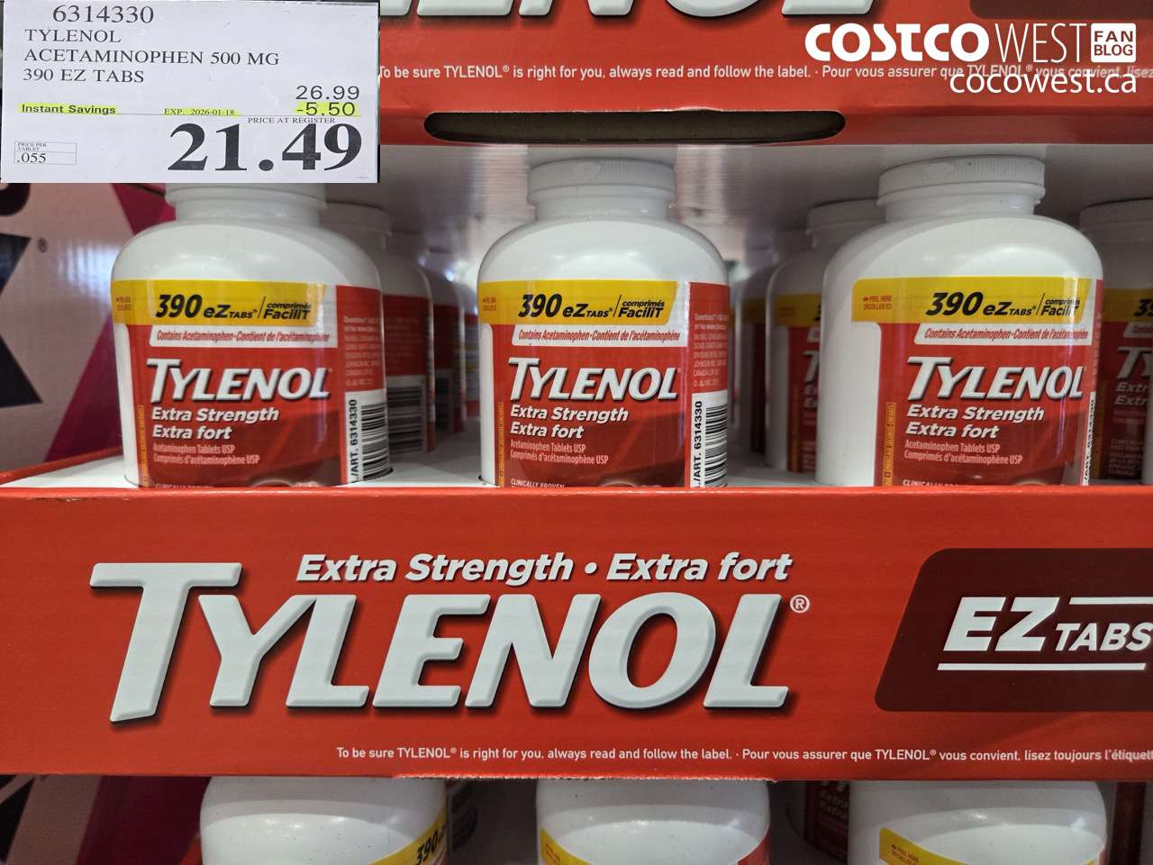 6314330 TYLENOL ACETAMINOPHEN 500MG 390 EZ TABS ($5.50 INSTANT SAVINGS EXPIRES ON 2026-01-18) $21.49