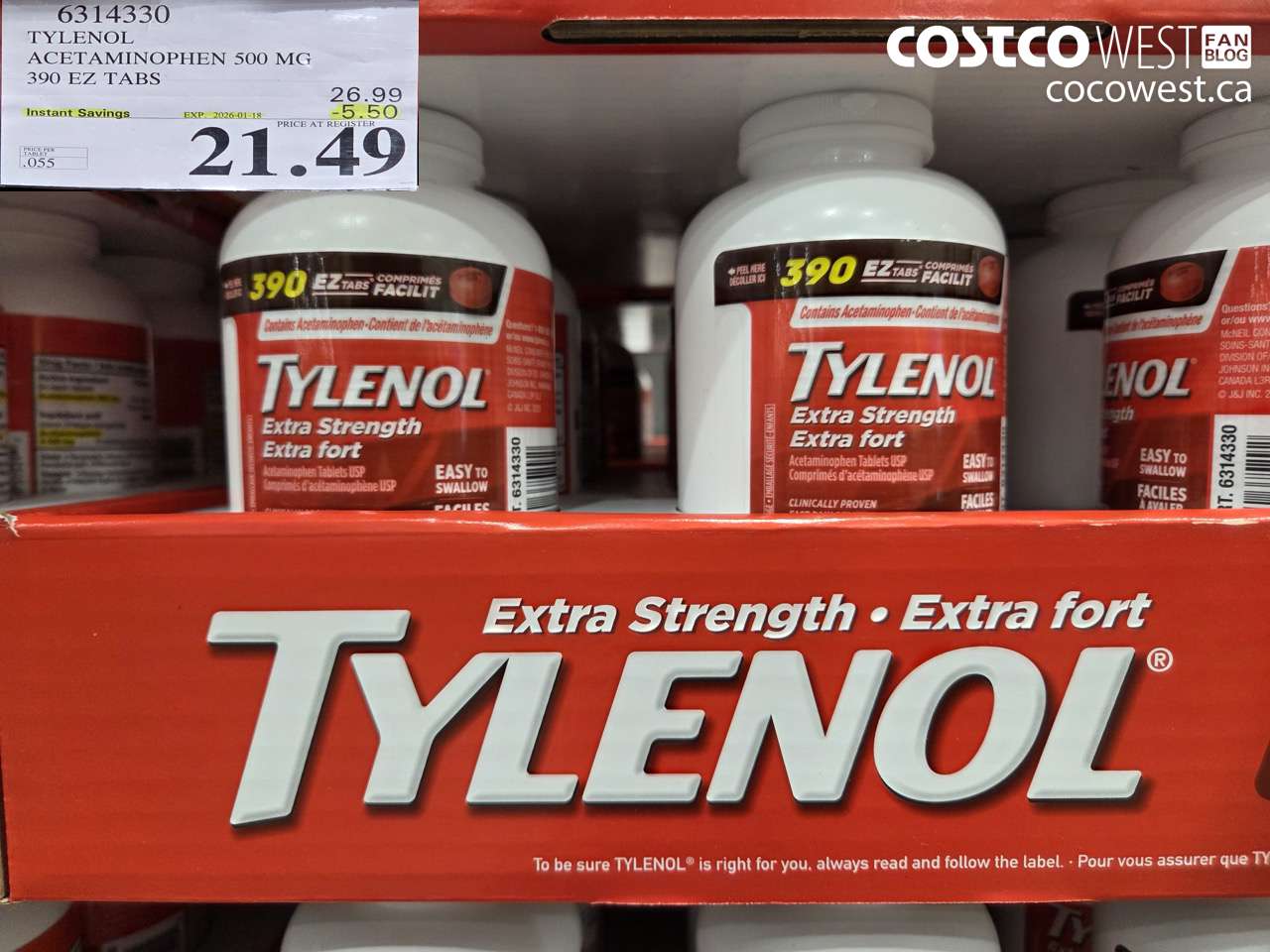 6314330 TYLENOL ACETAMINOPHEN 500MG 390 EZ TABS ($5.50 INSTANT SAVINGS EXPIRES ON 2026-01-18) $21.49