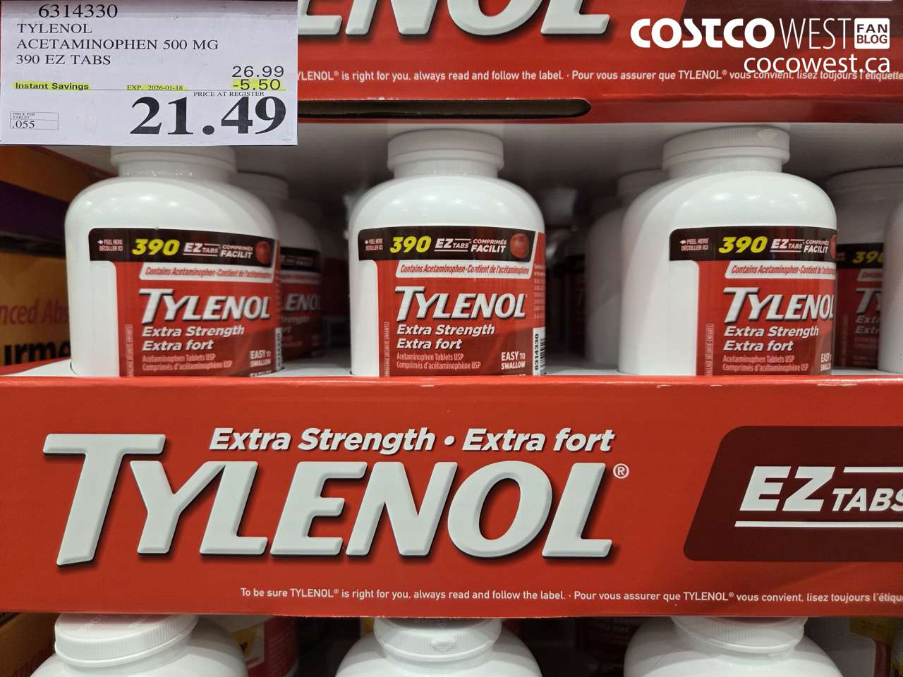 6314330 TYLENOL ACETAMINOPHEN 500MG 390 EZ TABS ($5.50 INSTANT SAVINGS EXPIRES ON 2026-01-18) $21.49