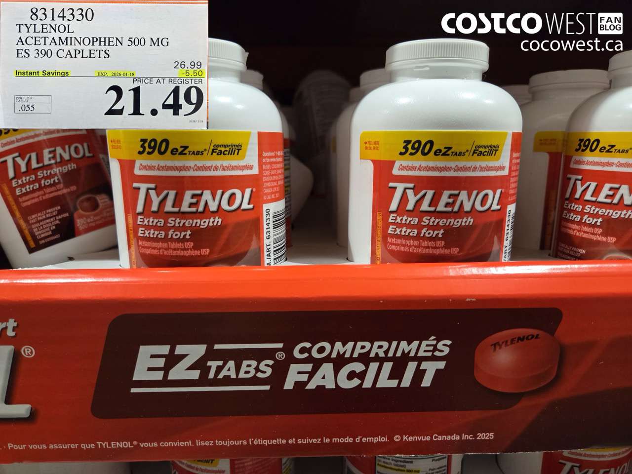 8314330 TYLENOL ACETAMINOPHEN 500MG ES 390 CAPLETS ($5.50 INSTANT SAVINGS EXPIRES ON 2026-01-18) $21.49