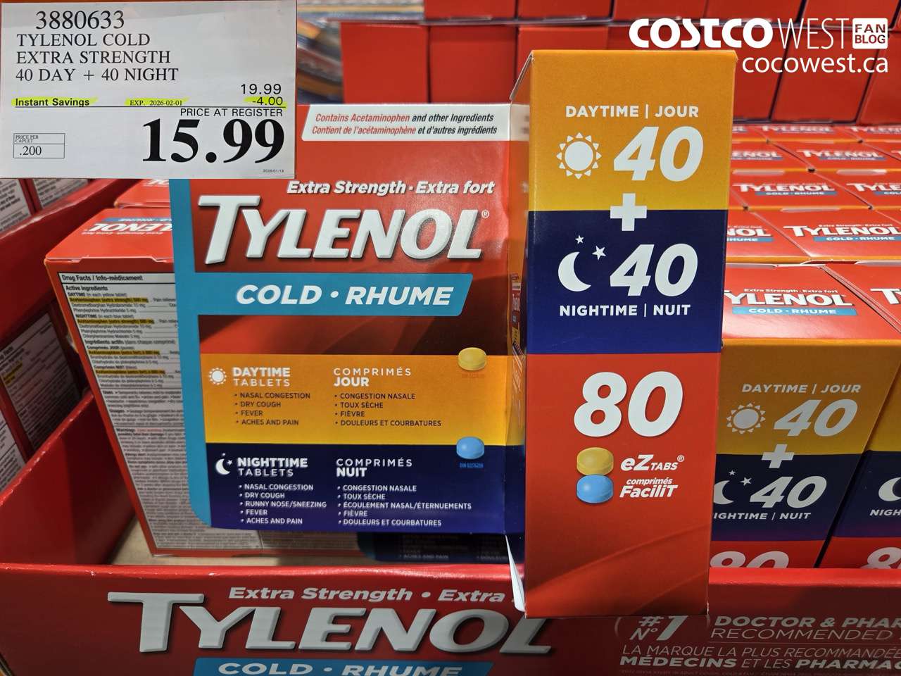 3880633 TYLENOL COLD EXTRA STRENGTH CAPLETS 40 DAYS + 40 NIGHTS ($4.00 INSTANT SAVINGS EXPIRES ON 2026-02-01) $15.99