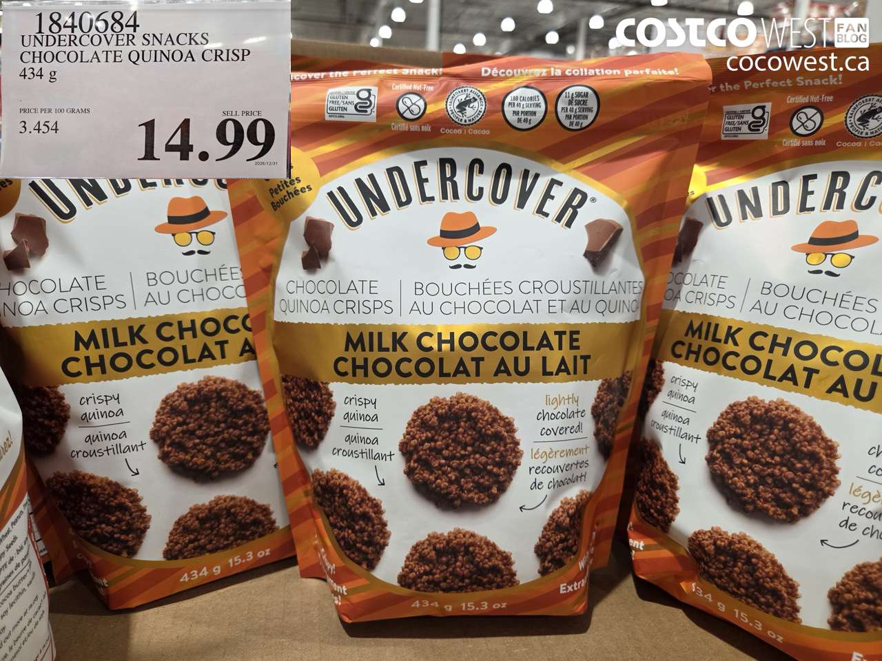 1840684 UNDERCOVER SNACKS CHOCOLATE QUINOA CRISP 434G $14.99
