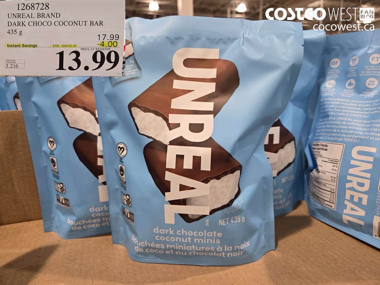 1268728 UNREAL DARK CHOCOLATE COCONUT BAR 435 G ($4.00 INSTANT SAVINGS EXPIRES ON 2026-01-18) $13.99
