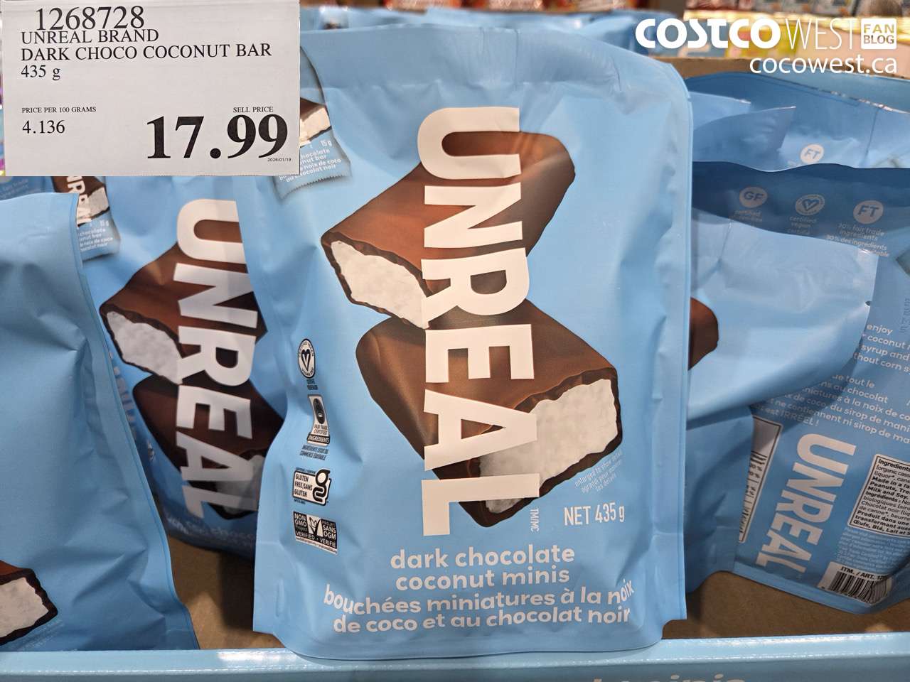 1268728 UNREAL DARK CHOCOLATE COCONUT BAR 435 G $17.99