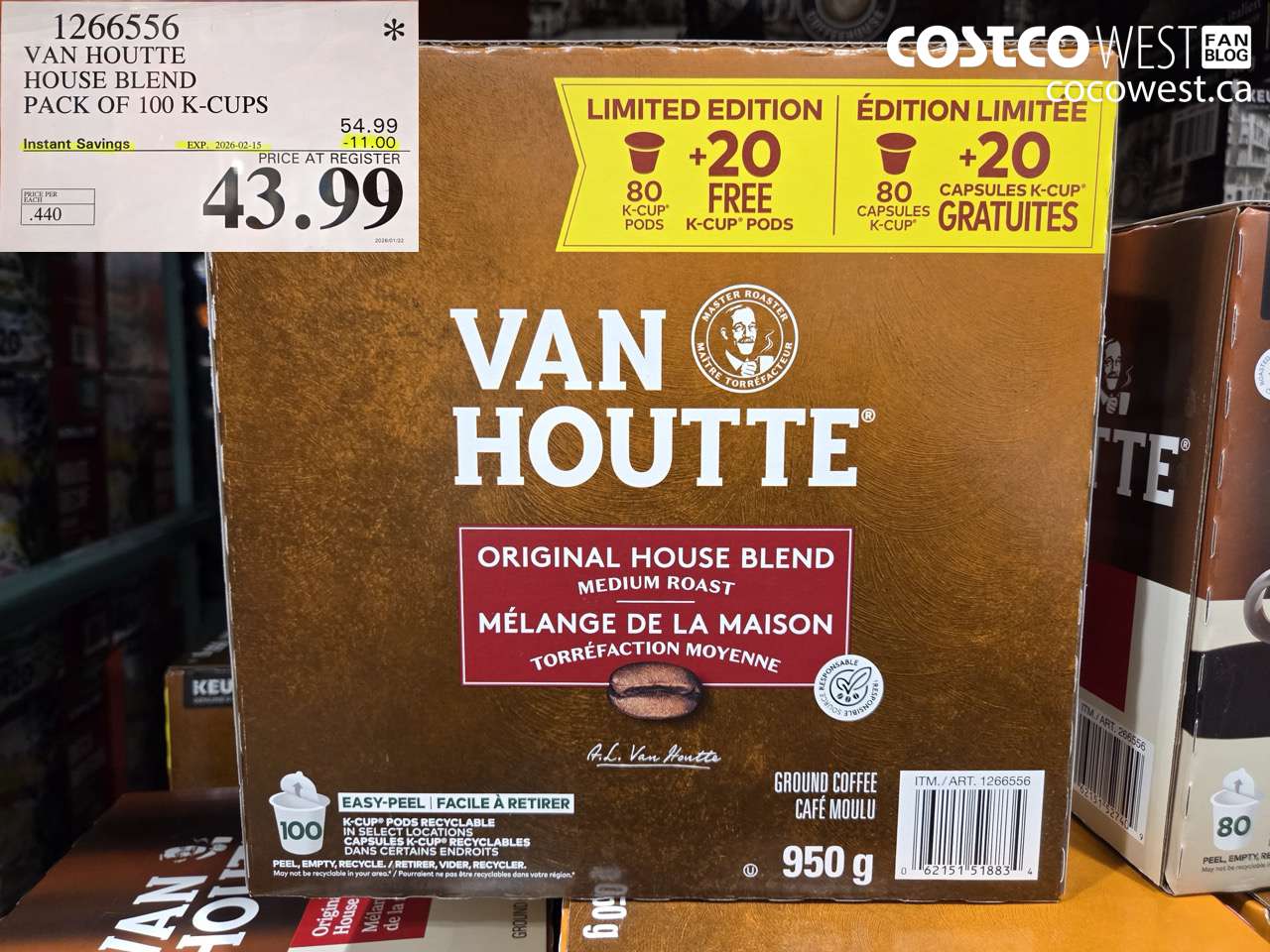 1266556 VAN HOUTTE HOUSE BLEND PACK OF 100 K-CUPS ($11.00 INSTANT SAVINGS EXPIRES ON 2026-02-15) $43.99