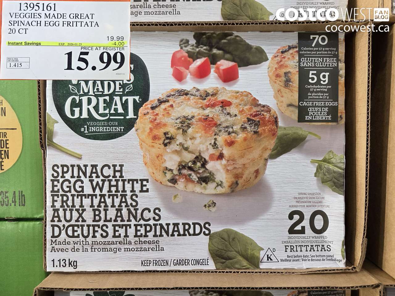 1395161 VEGGIES MADE GREAT SPINACH EGG FRITTATA 20 PK ($4.00 INSTANT SAVINGS EXPIRES ON 2026-01-25) $15.99