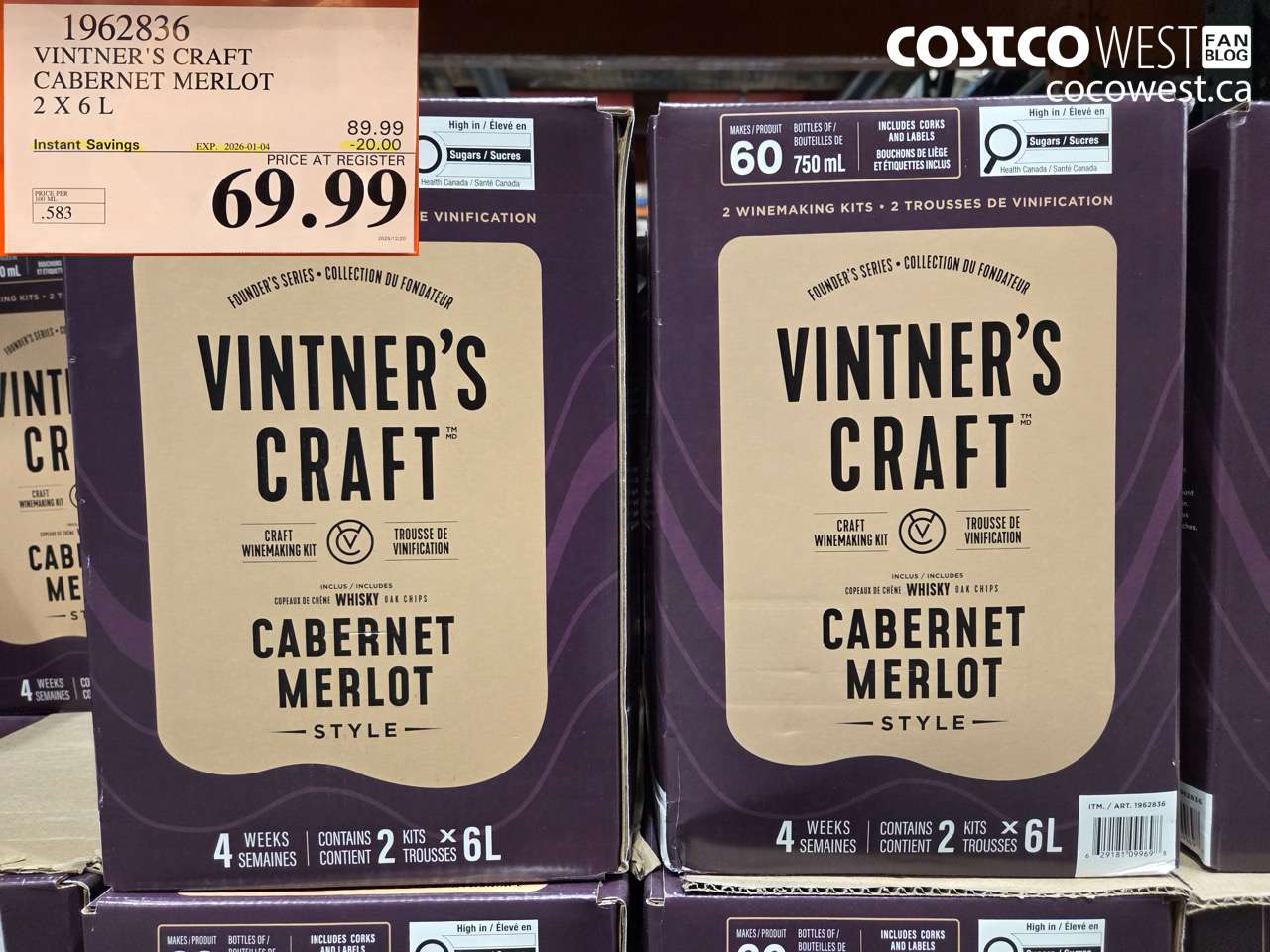 1962836 VINTER'S CRAFT CABERNET MERLOT 2 X 6L ($20.00 INSTANT SAVINGS EXPIRES ON 2026-01-04) $69.99