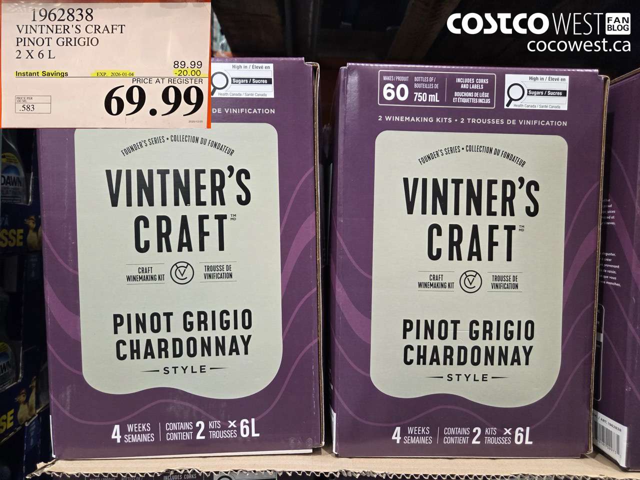 1962838 VINTNER'S CRAFT PINOT GRIGIO 2 X 6L ($20.00 INSTANT SAVINGS EXPIRES ON 2026-01-04) $69.99