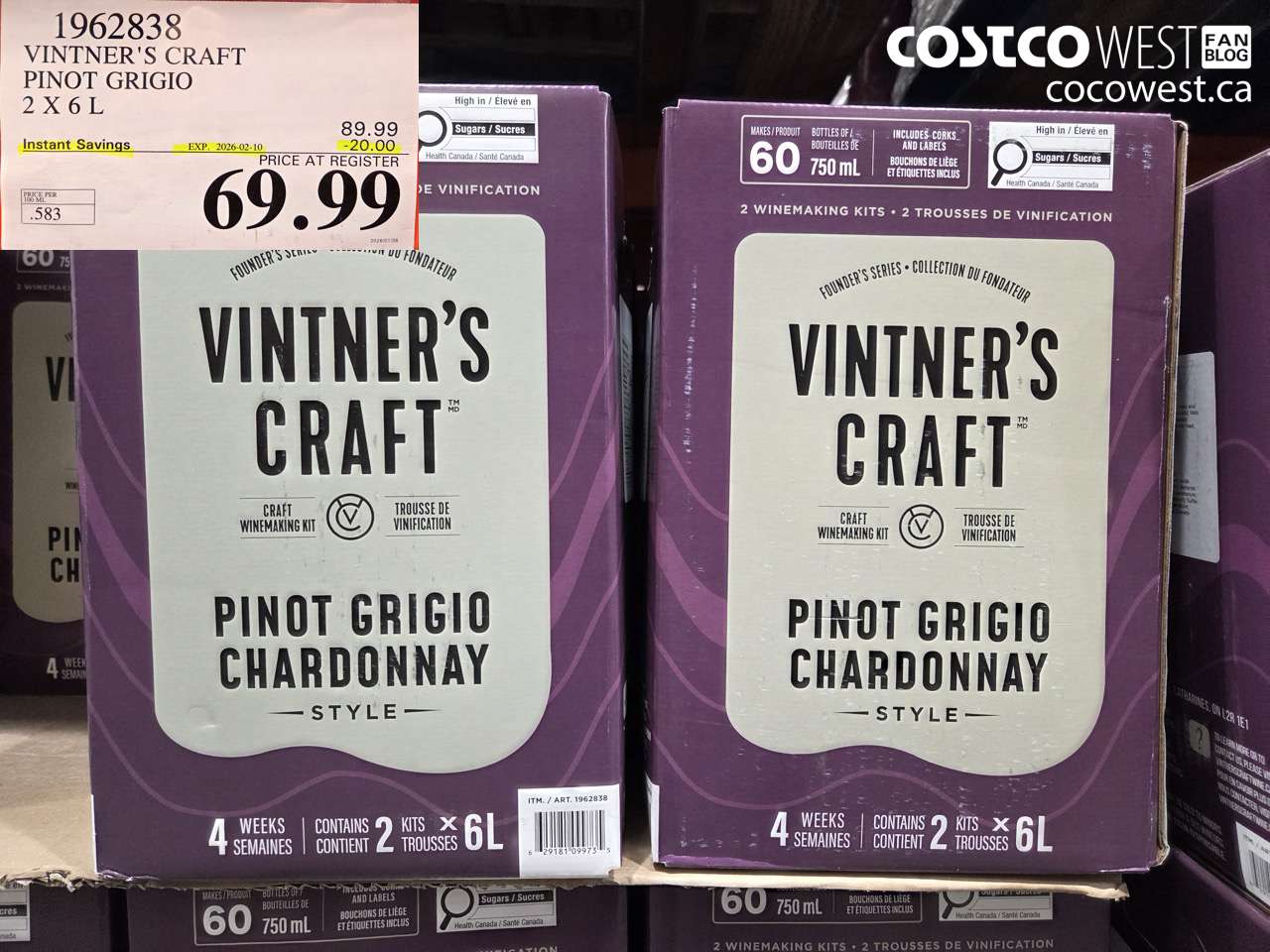 1962838 VINTNER'S CRAFT PINOT GRIGIO 2 X 6L ($20.00 INSTANT SAVINGS EXPIRES ON 2026-02-10) $69.99