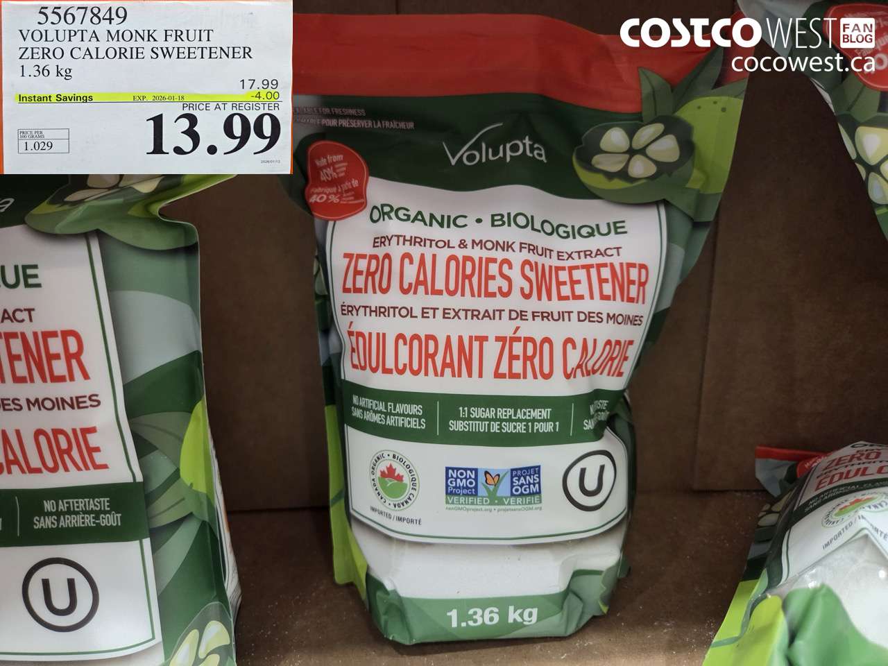 5567849 VOLUPTA MONK FRUIT ZERO CALORIE SWEETENER 1.36 kg ($4.00 INSTANT SAVINGS EXPIRES ON 2026-01-18) $13.99