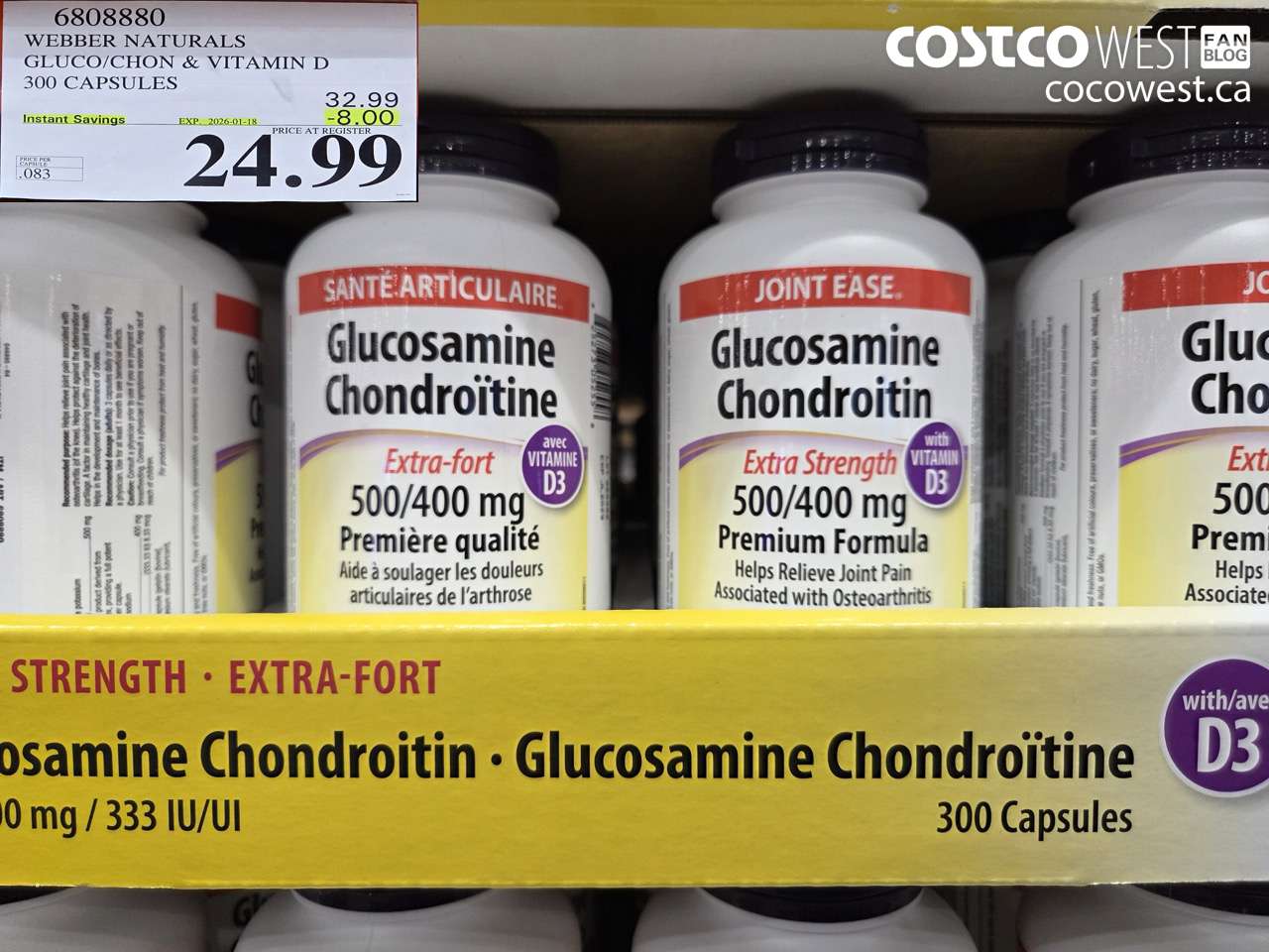 6808880 WEBBER NATURALS GLUCO/CHON 500/400 MG W/VIT D 300 CAPSULES ($8.00 INSTANT SAVINGS EXPIRES ON 2026-01-18) $24.99