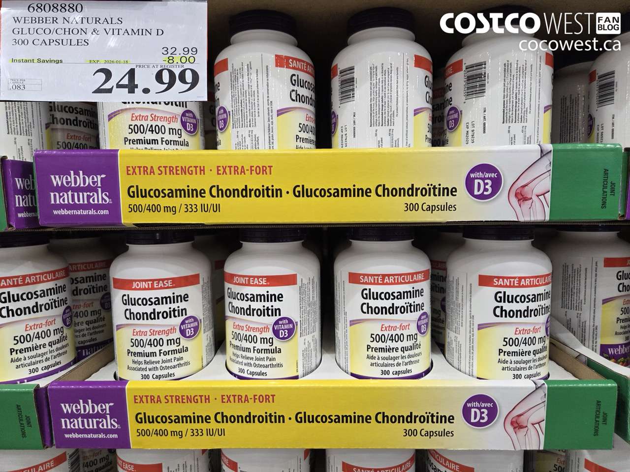 6808880 WEBBER NATURALS GLUCO/CHON 500/400 MG W/VIT D 300 CAPSULES ($8.00 INSTANT SAVINGS EXPIRES ON 2026-01-18) $24.99