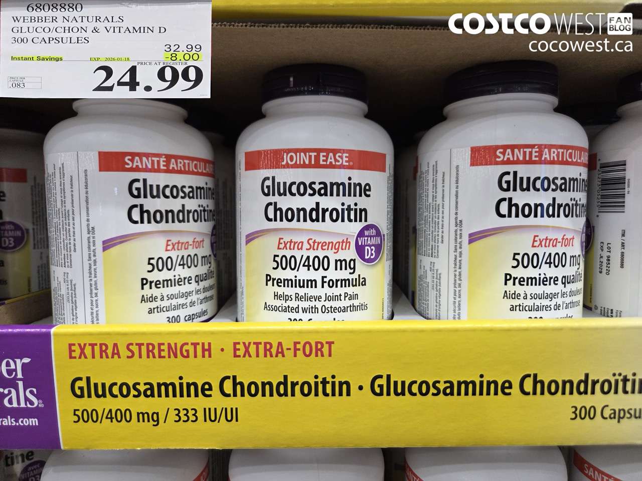 6808880 WEBBER NATURALS GLUCO/CHON 500/400 MG W/VIT D 300 CAPSULES ($8.00 INSTANT SAVINGS EXPIRES ON 2026-01-18) $24.99