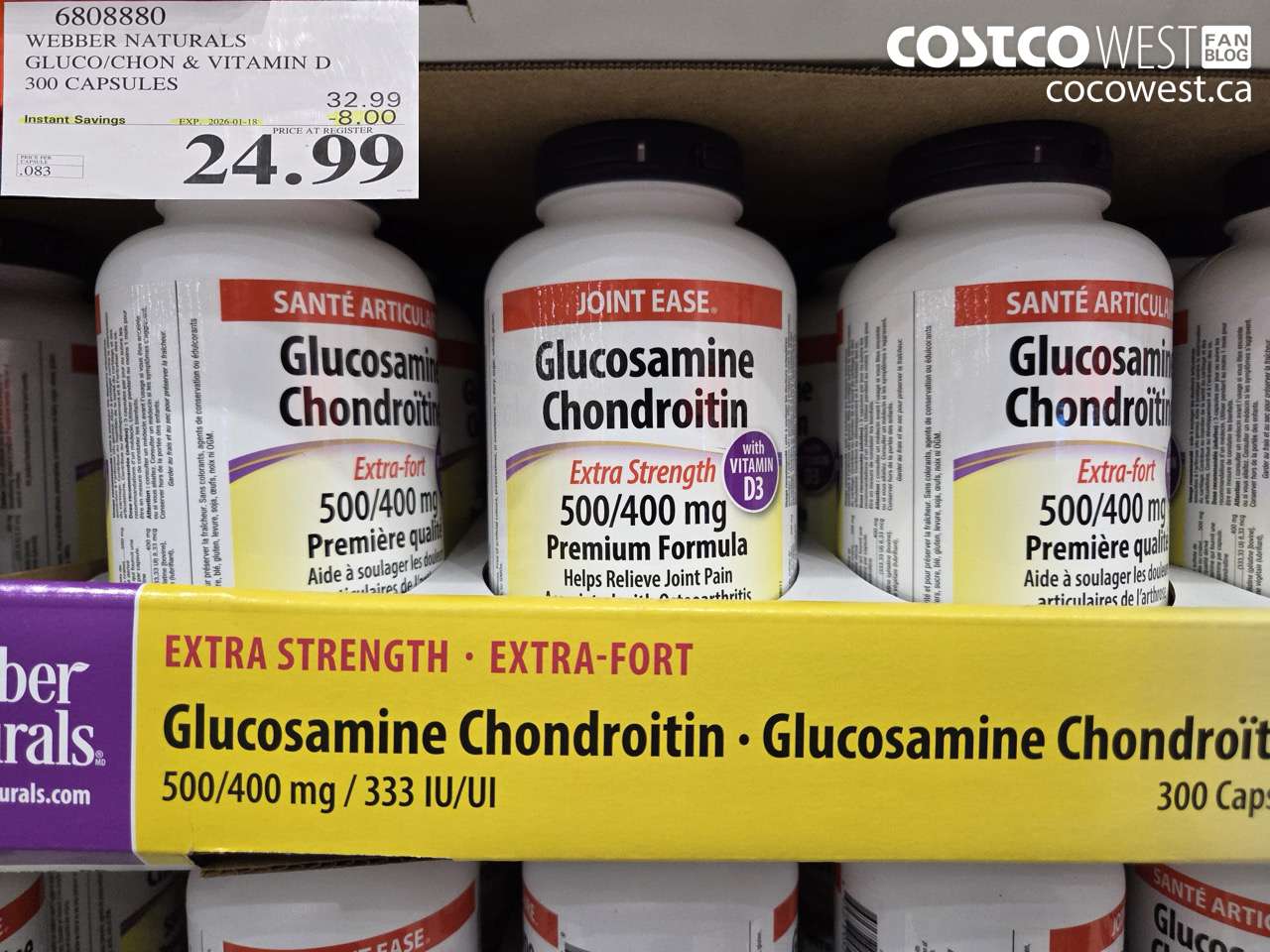6808880 WEBBER NATURALS GLUCO/CHON 500/400 MG W/VIT D 300 CAPSULES ($8.00 INSTANT SAVINGS EXPIRES ON 2026-01-18) $24.99