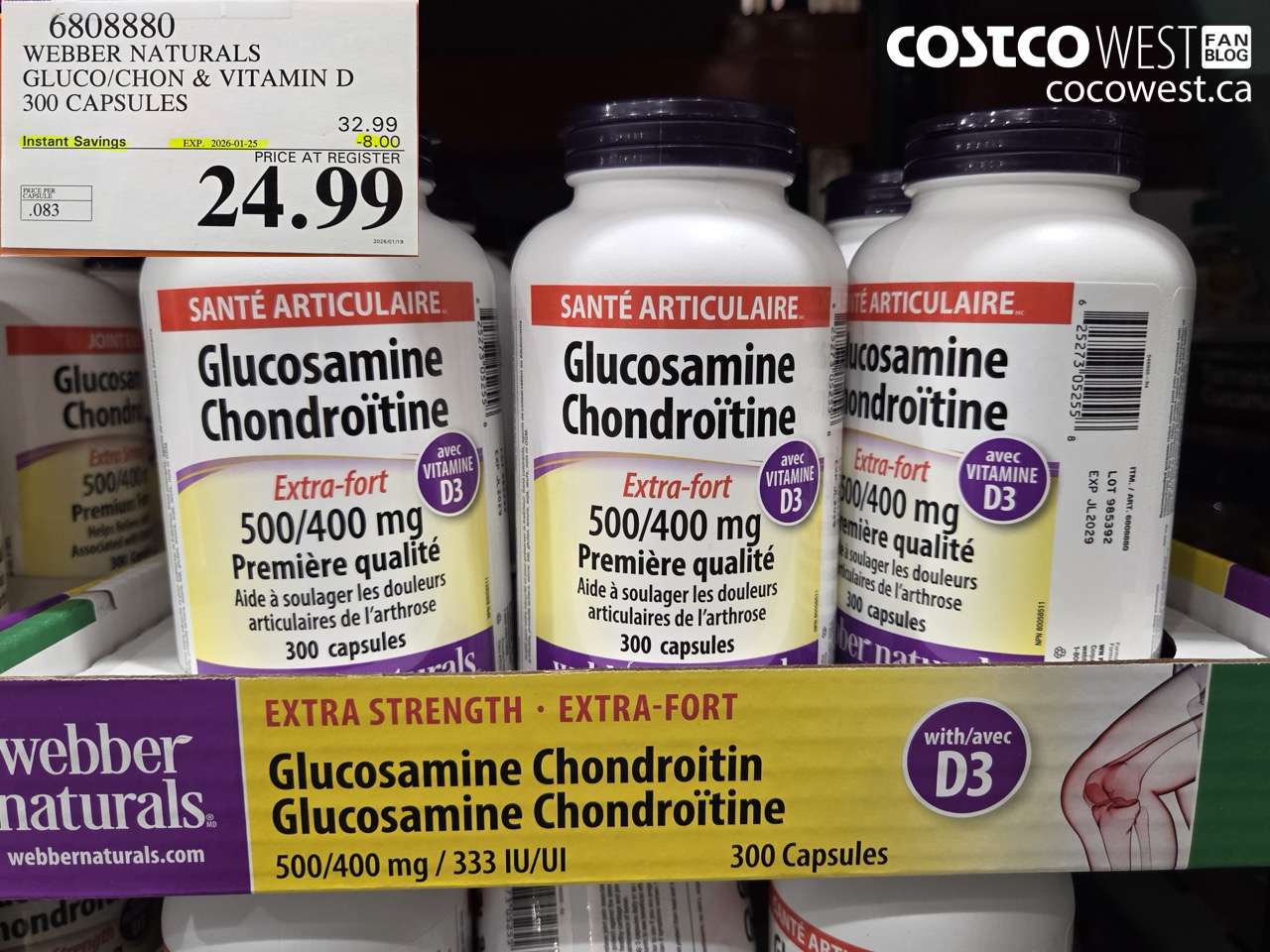 6808880 WEBBER NATURALS GLUCO/CHON 500/400 MG W/VIT D 300 CAPSULES ($8.00 INSTANT SAVINGS EXPIRES ON 2026-01-25) $24.99