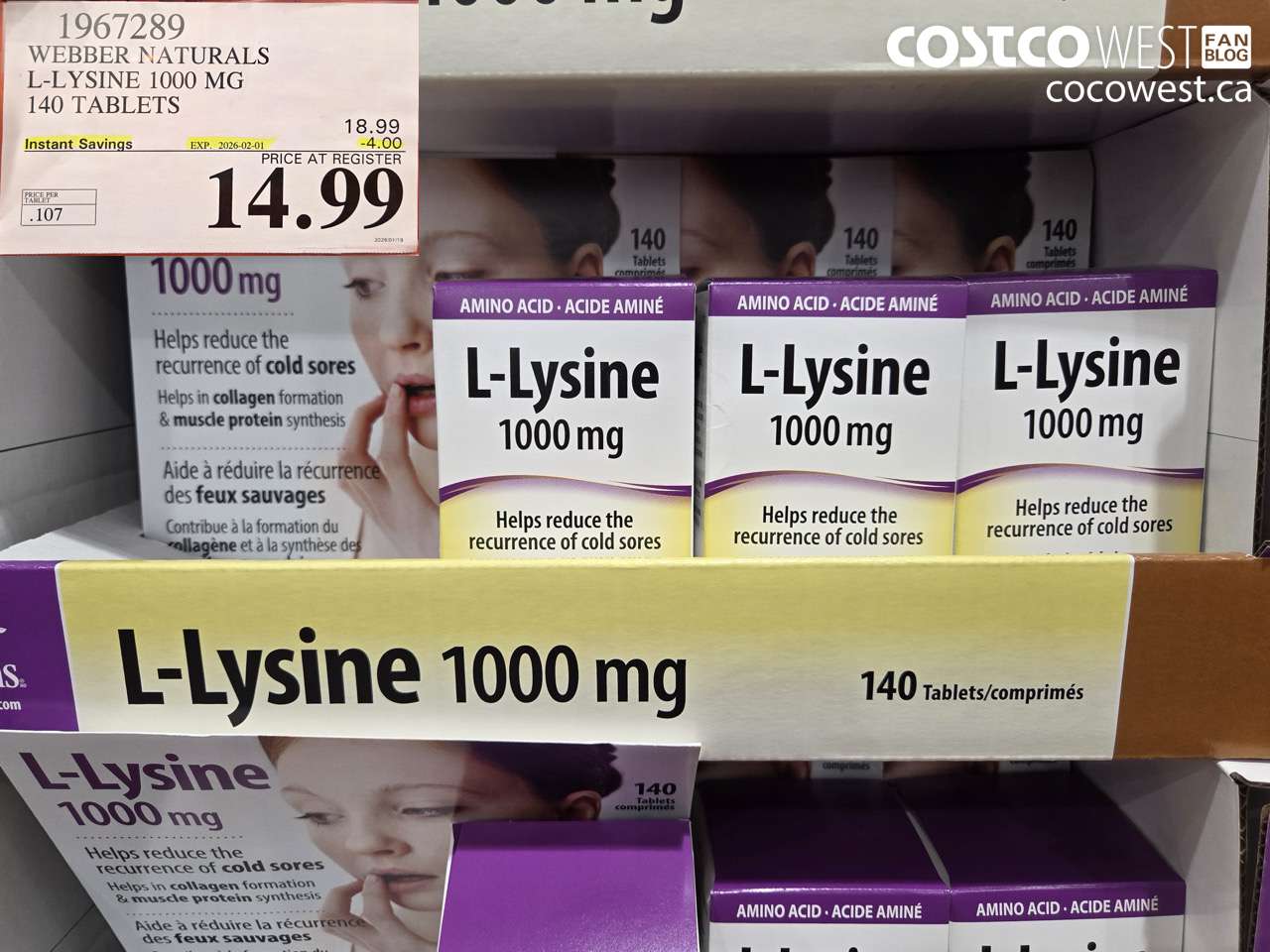 1967289 WEBBER NATURALS L-LYSINE 1000 MG 140 TABLETS ($4.00 INSTANT SAVINGS EXPIRES ON 2026-02-01) $14.99