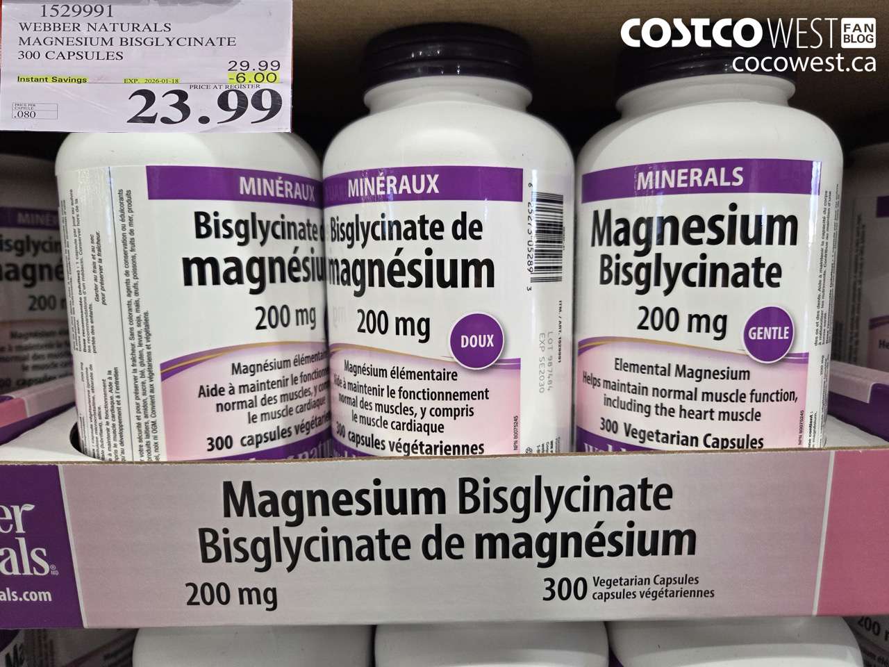 1529991 WEBBER NATURALS MAGNESIUM BISGLYCINATE 200MG 300 CAPSULES ($6.00 INSTANT SAVINGS EXPIRES ON 2026-01-18) $23.99
