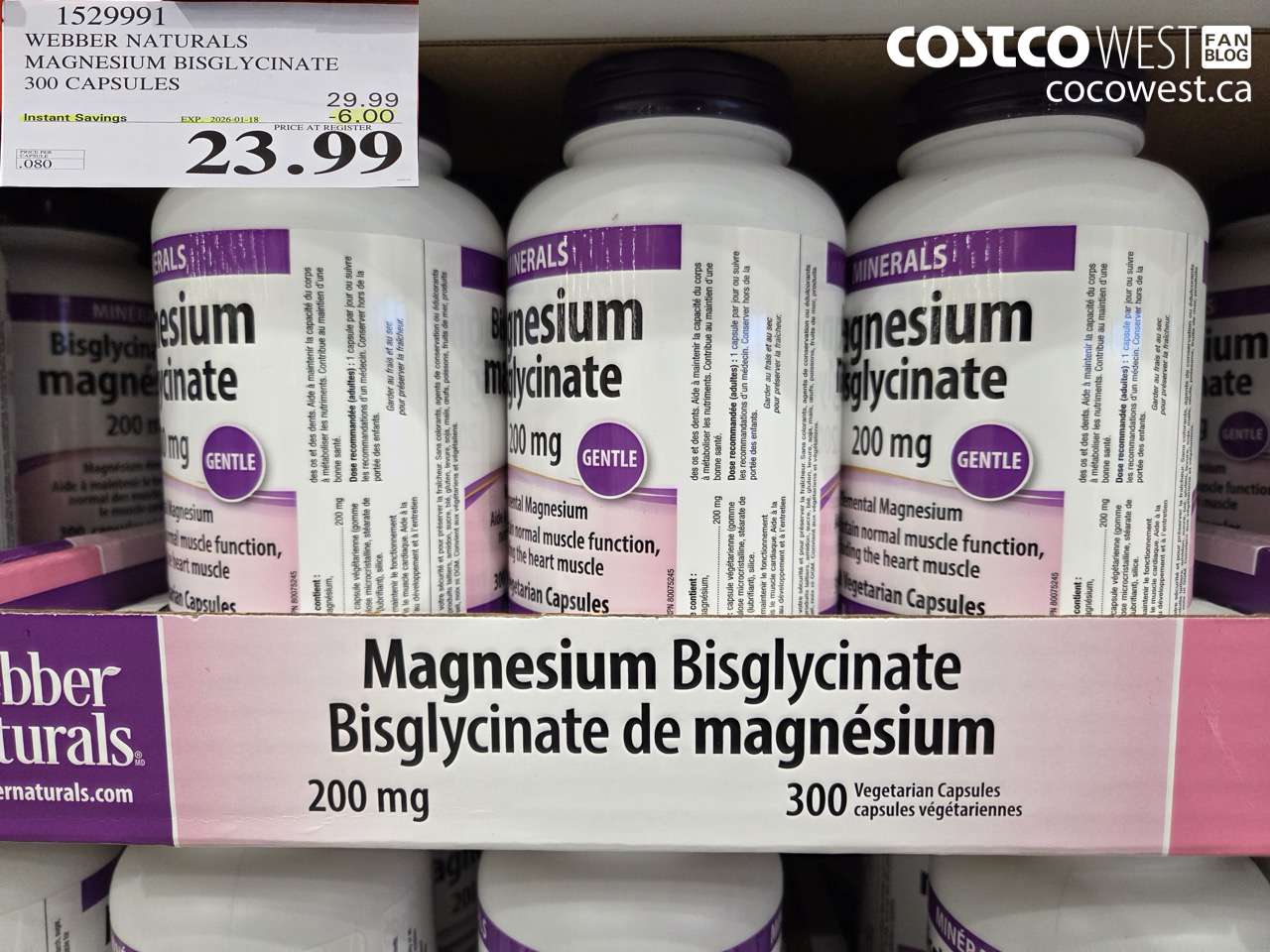 1529991 WEBBER NATURALS MAGNESIUM BISGLYCINATE 200MG 300 CAPSULES ($6.00 INSTANT SAVINGS EXPIRES ON 2026-01-18) $23.99